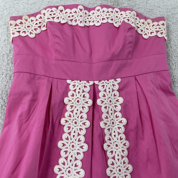 Lilly Pulitzer Dress Womens 8 Pink Strapless Lace Trim A-Line‎ Fit Flare Eyelet - Picture 2 of 9